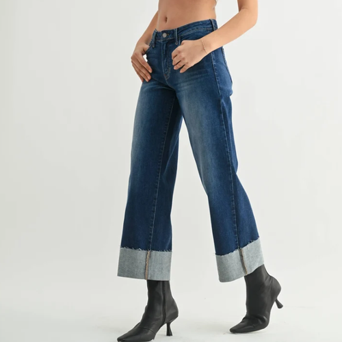 Damen-Jeans mit weitem Bein, Umschlagsaum und Vintage-Waschung
