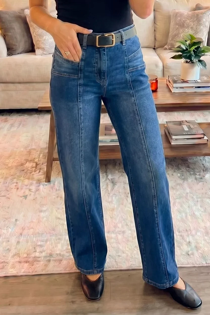 High-Rise-Jeans mit weitem Bein und Nähten für Damen