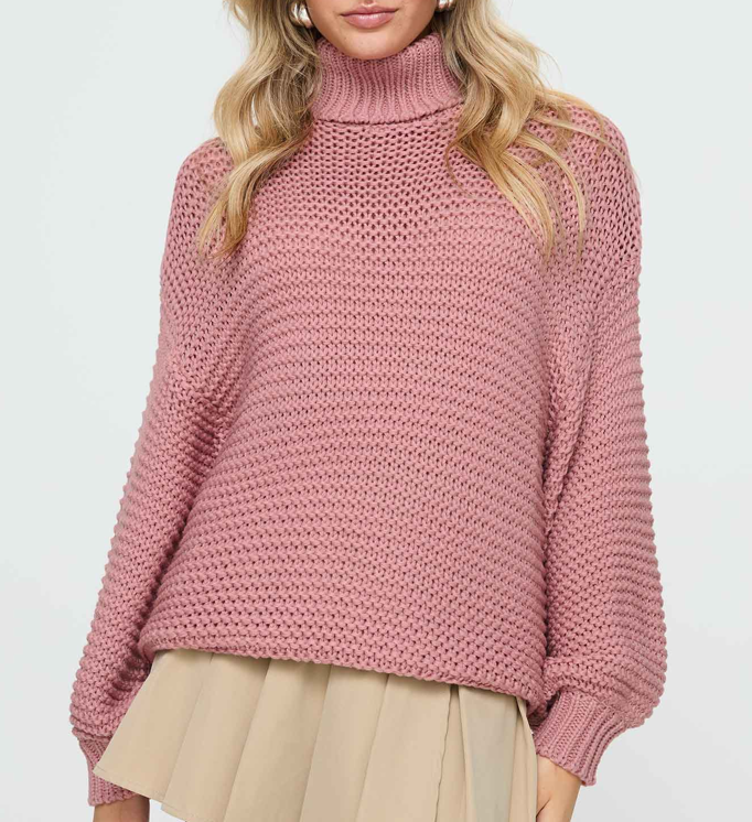 Grober Rollkragenpullover für Damen in Altrosa