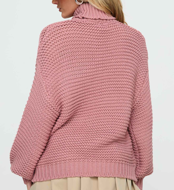 Grober Rollkragenpullover für Damen in Altrosa
